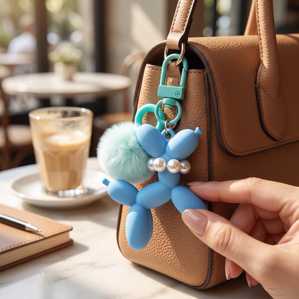 Mint Blue Balloon Dog Keychain Bag Charm Pom Pom Pearl Collar NEW